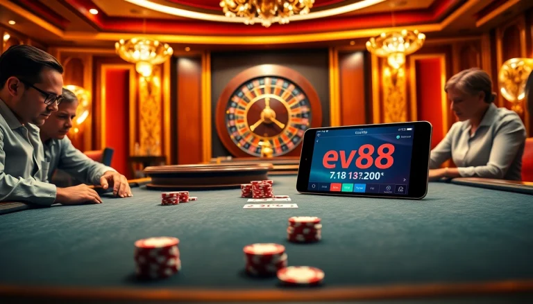 Experience the thrill of winning with the ev88 apk on a luxurious casino table, surrounded by players.