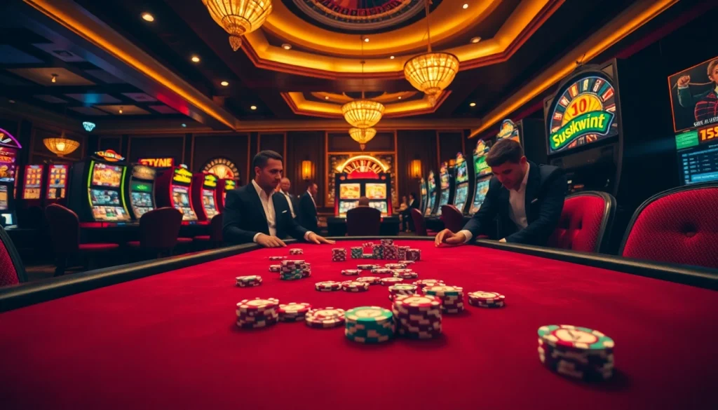 High-stakes poker action at 11WIN casino with vibrant slot machines and roulette.