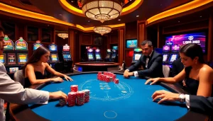 U888 players engaging in high-stakes poker amidst a luxury casino setting with vibrant slot machines.