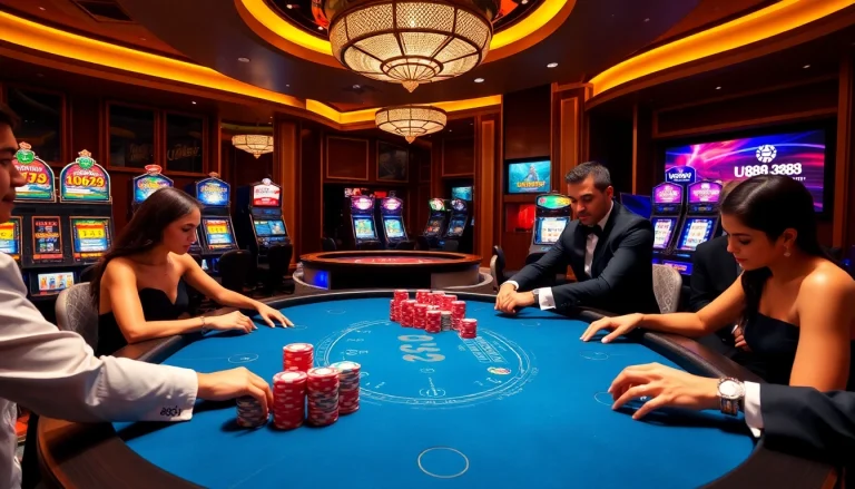 U888 players engaging in high-stakes poker amidst a luxury casino setting with vibrant slot machines.