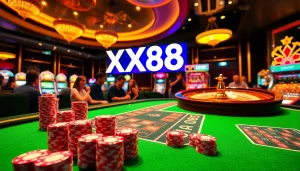 Experience the thrill of gambling at XX88 58K, showcasing vibrant casino tables and excitement.