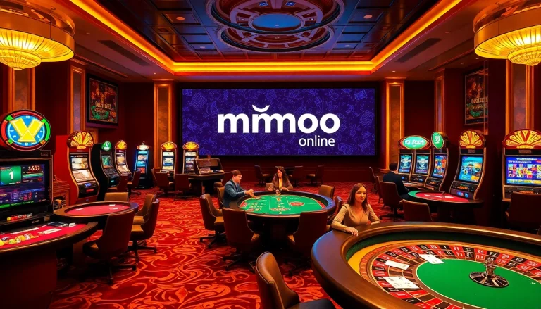 Engaging scene of mmoo giải trí online with players at casino tables and vibrant slot machines.