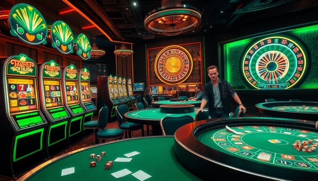 Experience thrilling gameplay with boosterjp at a vibrant casino, featuring slot machines and poker tables.