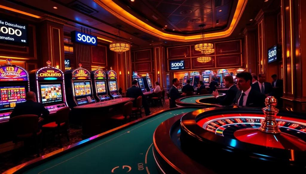 SODO-themed casino scene featuring engaging poker games, vibrant slot machines, and a thrilling roulette wheel.