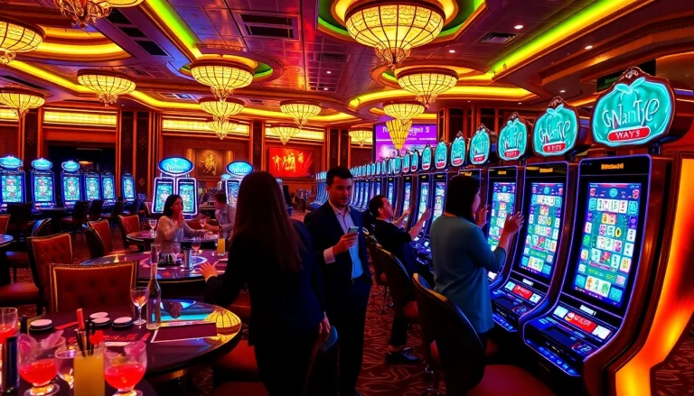 Pemain yang terlibat menikmati Mahjong Ways 2 di lingkungan kasino yang ramai penuh kegembiraan dan kemewahan.