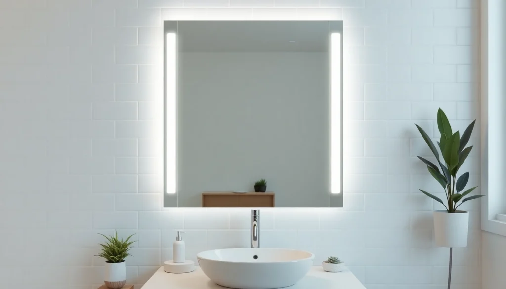 Elegant bathroom mirror with soft LED lights illuminating a sleek, modern design in a chic bathroom.