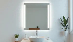 Elegant bathroom mirror with soft LED lights illuminating a sleek, modern design in a chic bathroom.