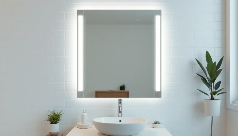 Elegant bathroom mirror with soft LED lights illuminating a sleek, modern design in a chic bathroom.