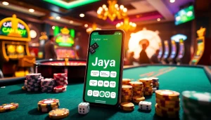 Enjoying apk jaya on a smartphone amid a vibrant casino atmosphere with poker chips and roulette.