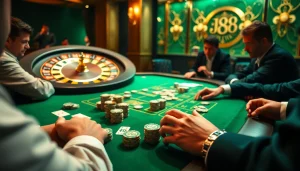 High-stakes gambling at a j88 themed poker table with excited players.