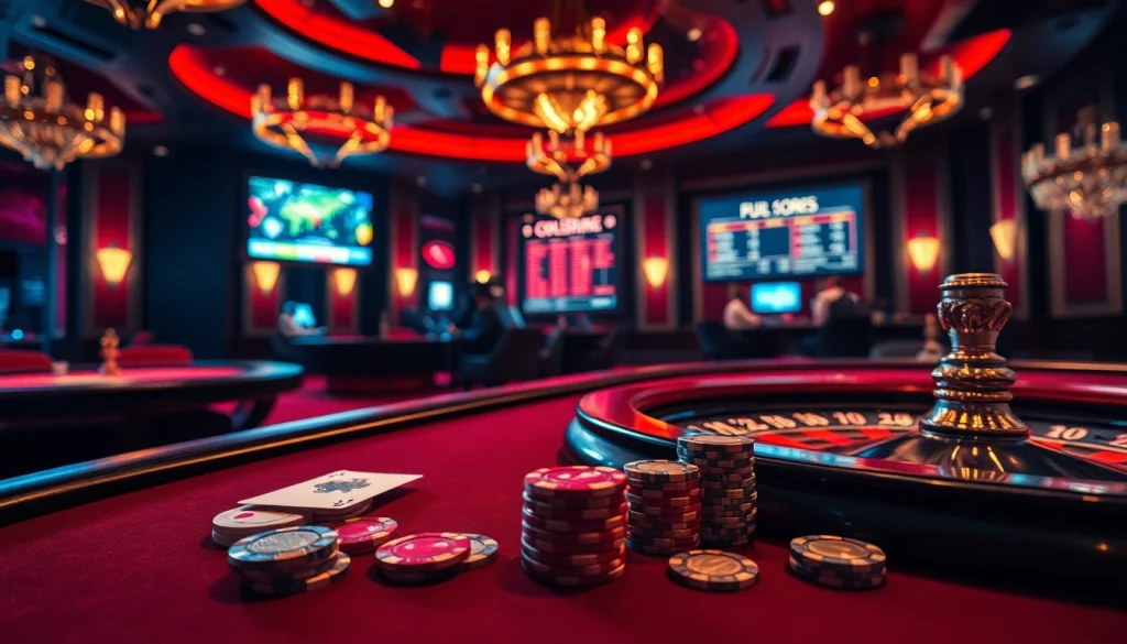 Engaging scene of cs2 gambling sites with high-stakes poker tables amidst vibrant decor.