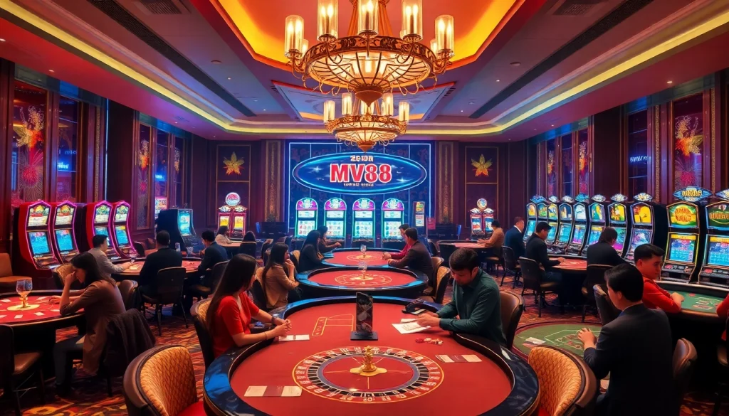 Experience the excitement of Nhà cái MV88 with players enjoying poker and roulette in a luxurious casino setting.