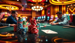 Engaged players at a high-stakes poker table with MB66 elements, showcasing luxury and excitement in a vibrant casino setting.