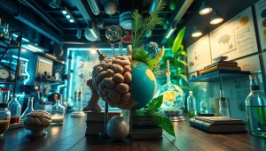 Fatos curiosos e surpreendentes retratados através de uma vibrante colagem científica que mostra um modelo de cérebro, gadgets de alta tecnologia e elementos da natureza.