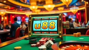 Exciting scene of uu88 nổ hũ slot machine amidst a lively casino atmosphere.