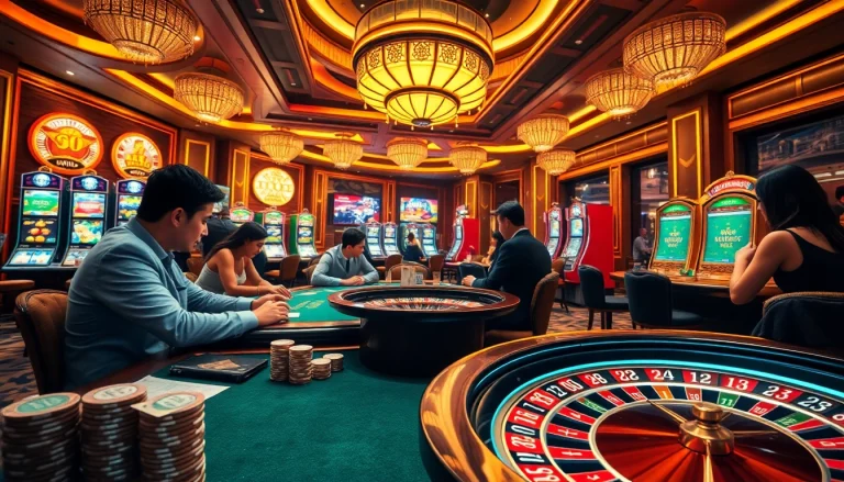 Players enjoying an exciting casino experience at https://xx88.pizza/, featuring poker tables and slot machines.