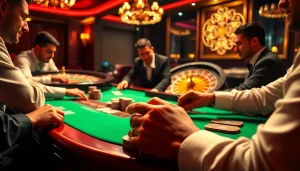 Players engaging in strategic gameplay at the casino table featured on https://rr88.navy/, showcasing vibrant poker chips and intense focus.