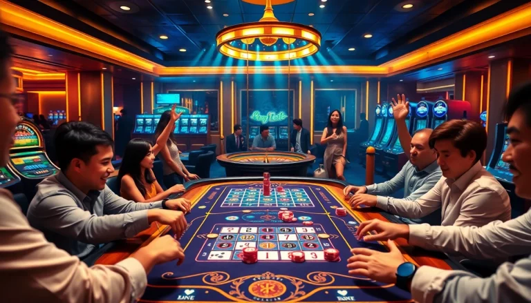 Engaged players enjoying a thrilling k9k9 game at an elegant casino table.