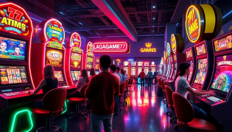 LAGAGAME77 gaming environment featuring vibrant slot machines and excited players.