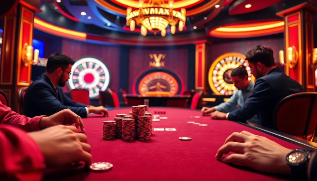 VMAX poker players engage in strategic betting at a luxurious casino table.