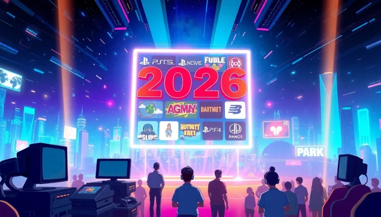 Highlighting the best upcoming games 2026 with vibrant illustrations of futuristic gaming elements.