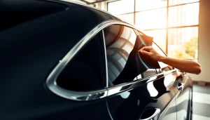 Applying auto window tint near me by a skilled technician in a modern garage.