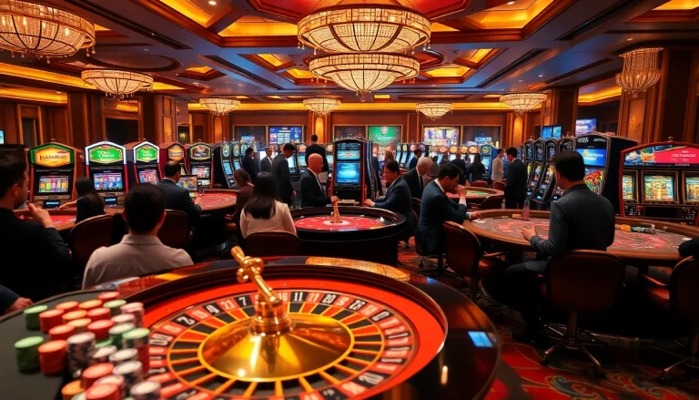 Experience high-stakes gaming with Lc88 in a vibrant casino scene featuring roulette, slots, and poker action.
