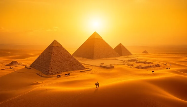 Stunning aerial view of the piraminds at sunset highlighting their ancient grandeur.