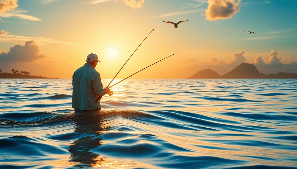 Dynamic saltwater fly fishing scene showcasing an angler casting a line in early morning light.