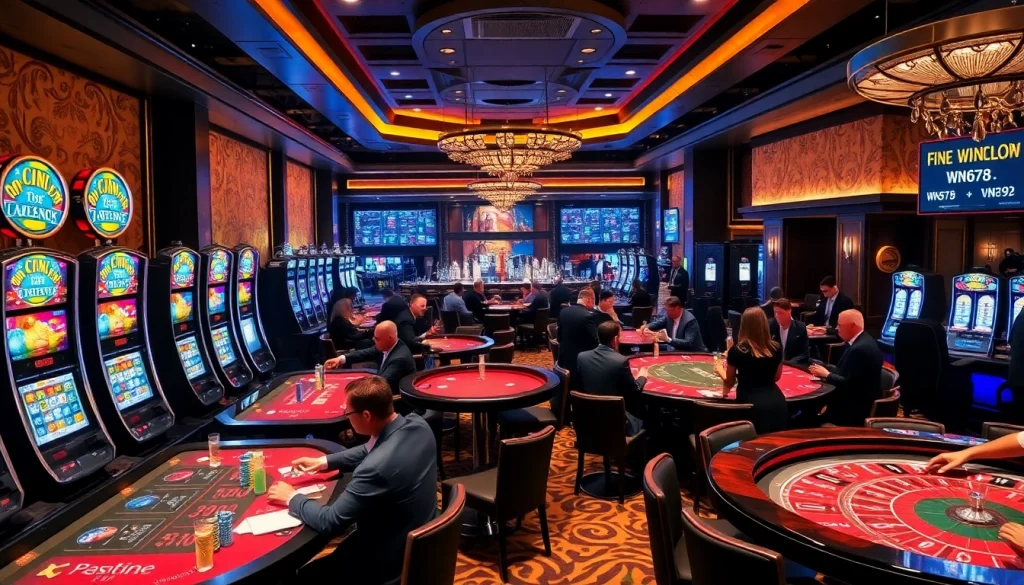 Exciting casino scene featuring players at tables with WN678 betting slips ready for high-stakes action.