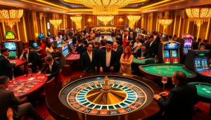 Players enjoying various games at the glamorous RR88 casino, showcasing roulette and poker excitement.
