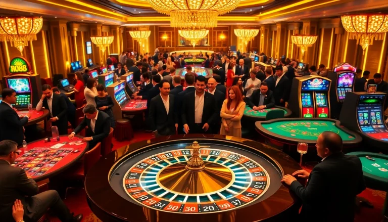 Players enjoying various games at the glamorous RR88 casino, showcasing roulette and poker excitement.