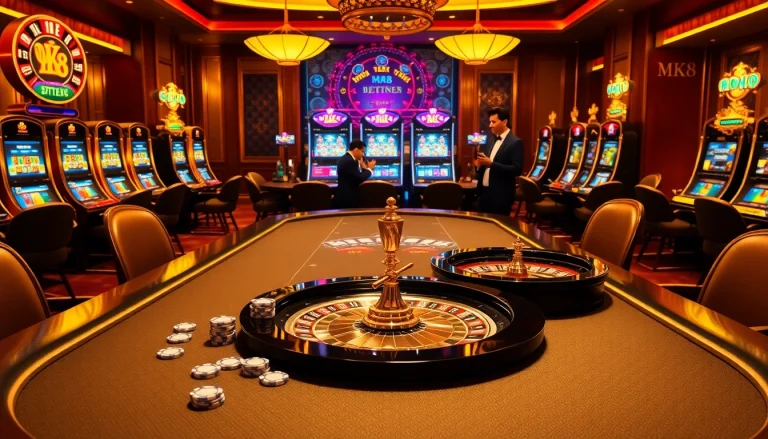 Winning big with MK8 at a vibrant casino, surrounded by roulette wheels and poker chips.