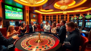 Socolive enhances the excitement of gambling with a lively casino scene featuring roulette and players celebrating wins.