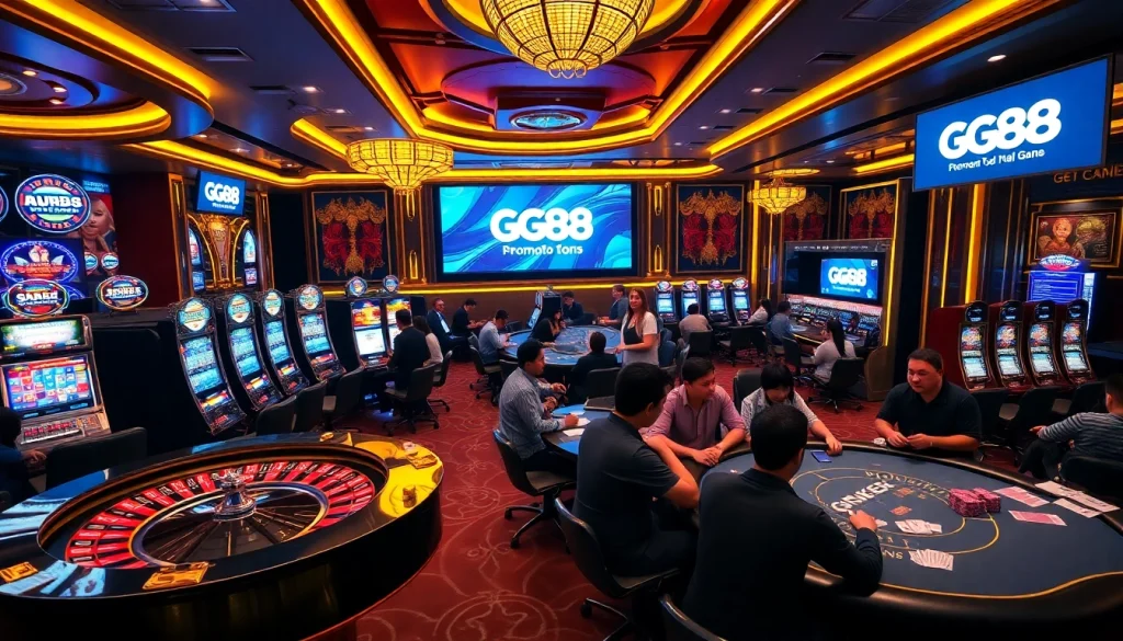 GG88 casino scene with roulette and vibrant slot machines attracting enthusiastic players.