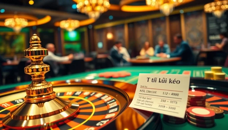 Engaging casino scene showcasing tỷ lệ kèo with a vibrant roulette wheel and betting slips.