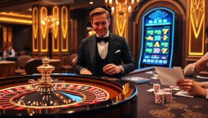 Tr88 bet scene with engaging players at a luxurious casino table featuring poker chips and a roulette wheel.