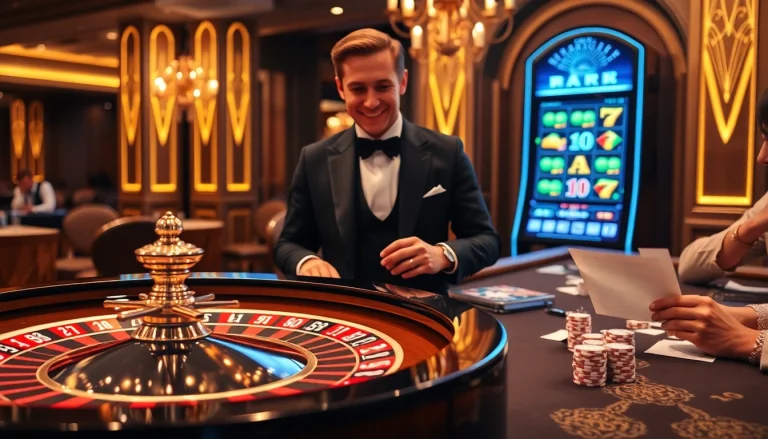 Tr88 bet scene with engaging players at a luxurious casino table featuring poker chips and a roulette wheel.