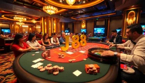 Players enjoy a thrilling j88 poker table experience in a luxurious casino setting.