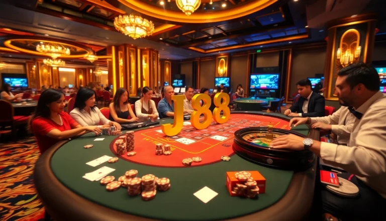 Players enjoy a thrilling j88 poker table experience in a luxurious casino setting.