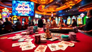Rasakan sensasi bermain kasino dengan datukwin di lingkungan mewah, menampilkan chip poker berwarna-warni dan roda roulette.