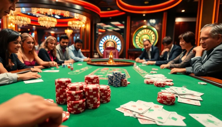 Players engaging in a high-stakes poker game at the MMOO casino, surrounded by vibrant chips and cards.