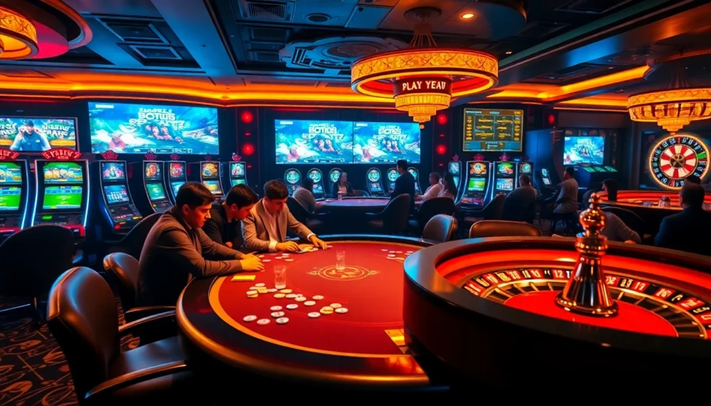 Phtaya players enjoying a lively poker game amid vibrant casino lights and digital displays.