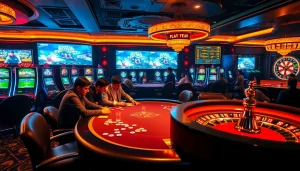 Phtaya players enjoying a lively poker game amid vibrant casino lights and digital displays.