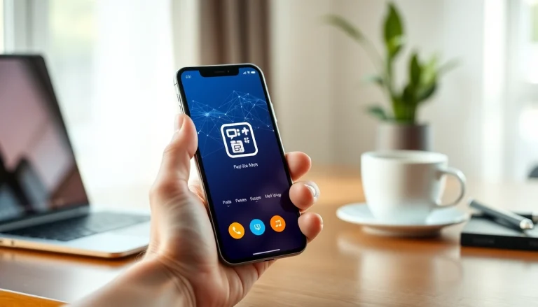 快连下载 app displayed on a sleek smartphone, showcasing a user-friendly interface in a modern workspace.