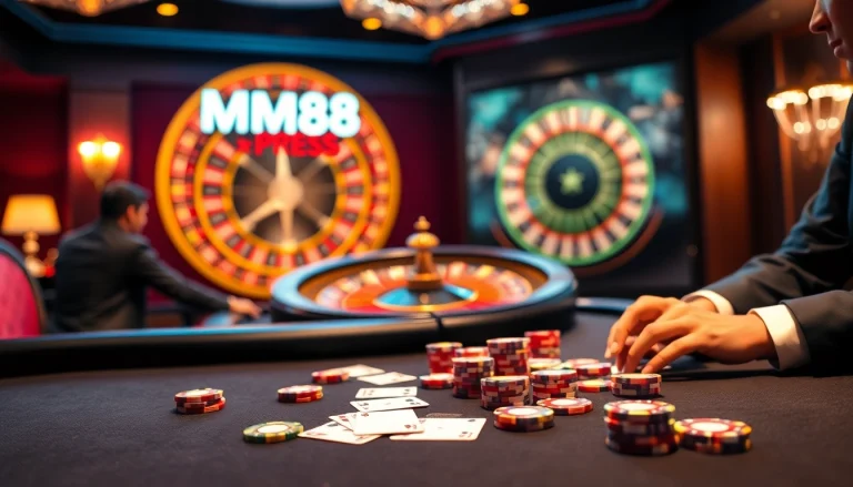 Engage in strategic gameplay at MM88 PRESS casino with vibrant poker chips and roulette excitement.