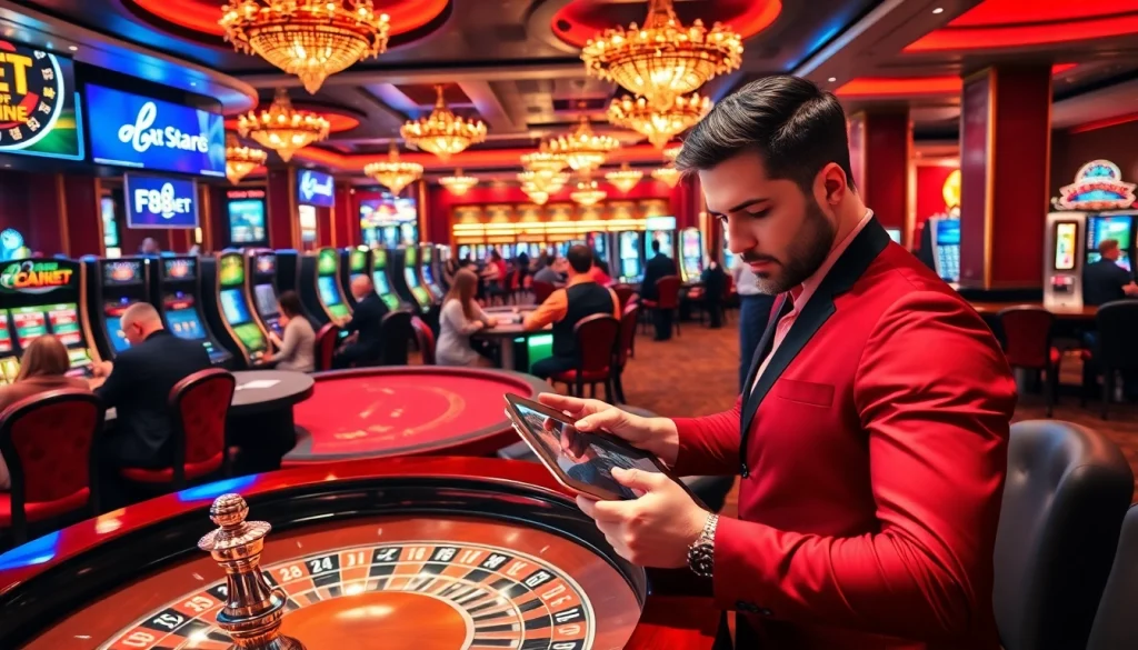 Gambler placing a bet using the F8BET online interface amid a luxurious casino backdrop.