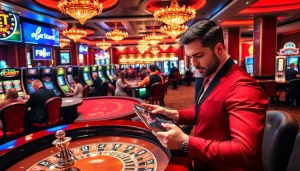 Gambler placing a bet using the F8BET online interface amid a luxurious casino backdrop.