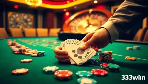 Experience the thrill of winning at 33win with vibrant poker chips and a spinning roulette wheel.