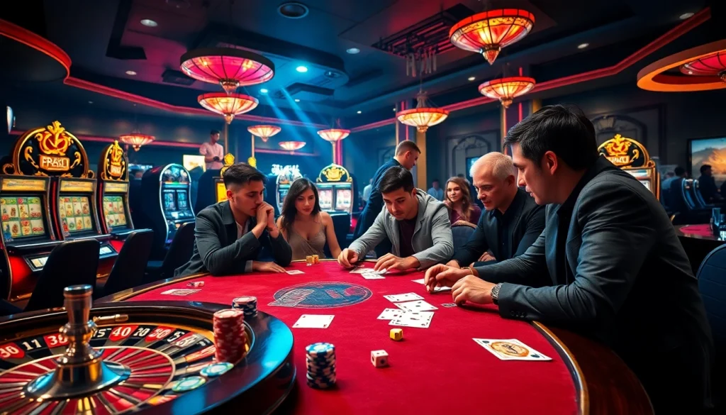 Experience the excitement of nhà cái vua99 with vibrant casino games and players at a poker table.